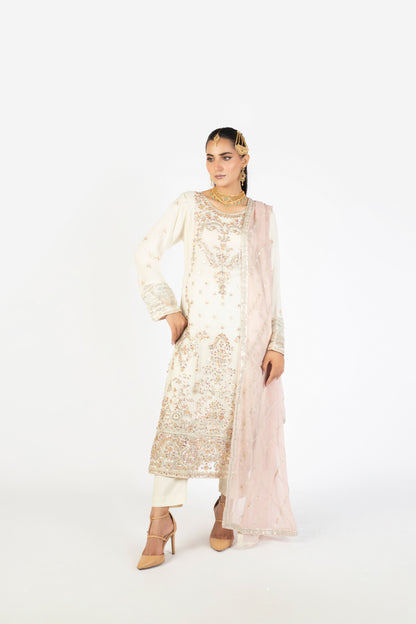 Ivory White Elegant Krinckle & Raw Silk Handmade Embellished Ensemble