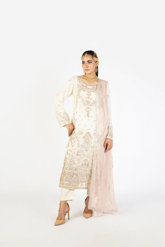 Ivory White Elegant Krinckle & Raw Silk Handmade Embellished Ensemble