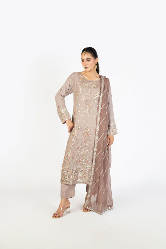 Dusty Mink Handmade Embellished Krinckle & Raw Silk Ensemble