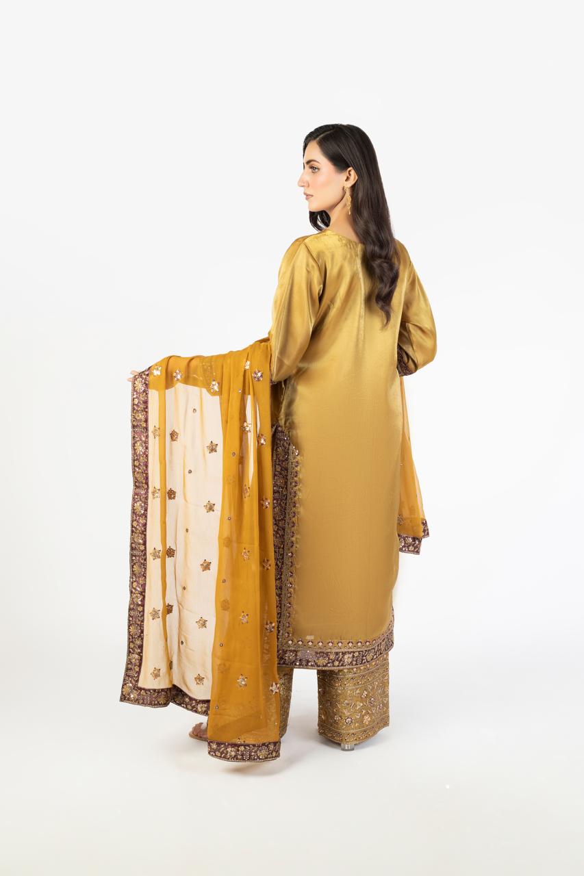 Elegant Mustard Pure Sheesha Silk 3-Piece Ensemble with Crinkle Dupatta