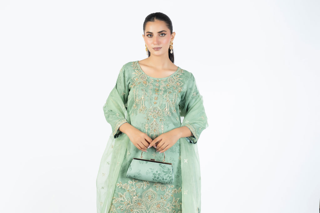 Mint Green Organza Embellished Ensemble with Clutch & Khussa
