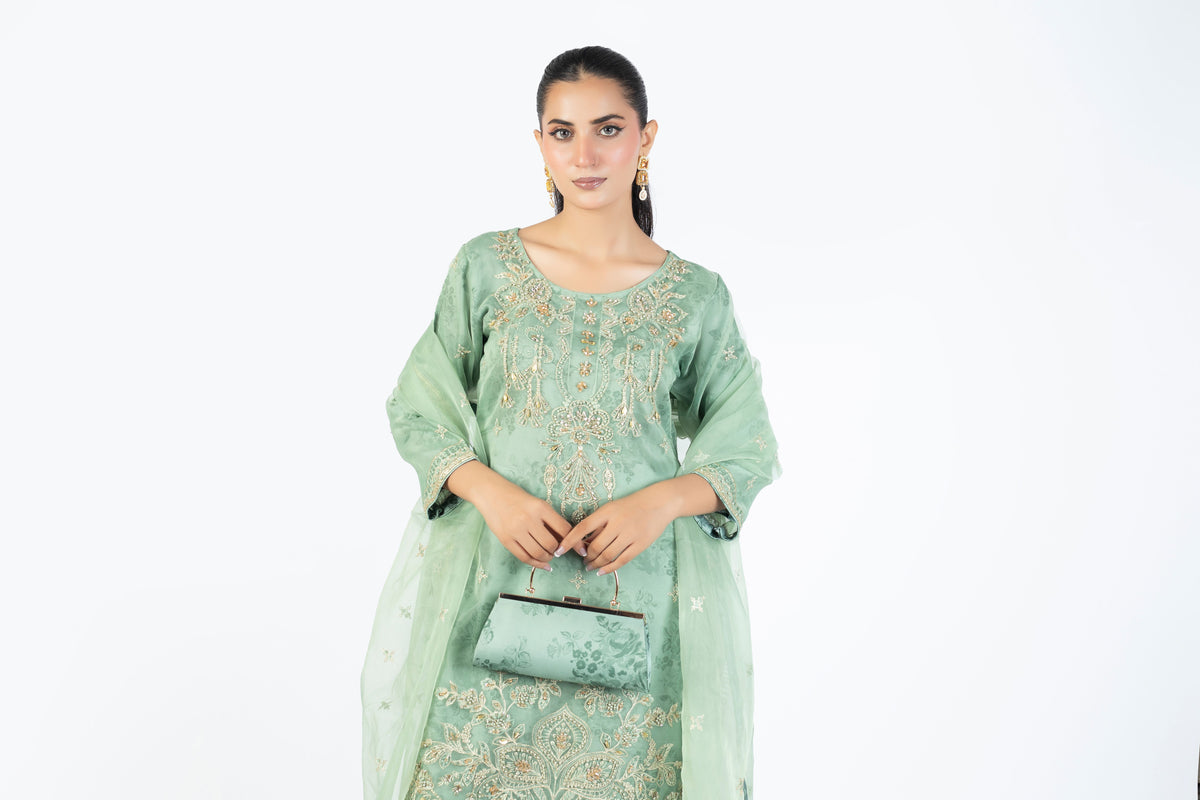 Mint Green Organza Embellished Ensemble with Clutch & Khussa