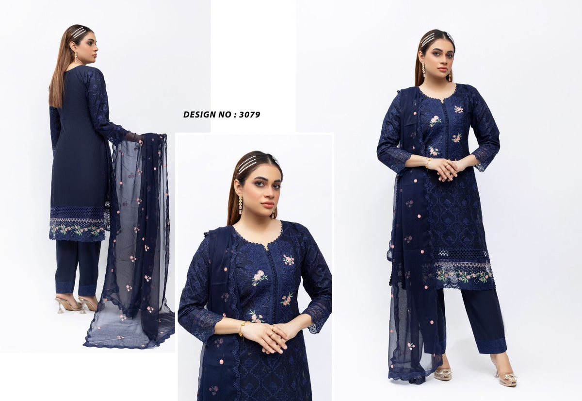 Navy Bloom Embroidered Cotton Suit – Elegant Festive Edit (3079)