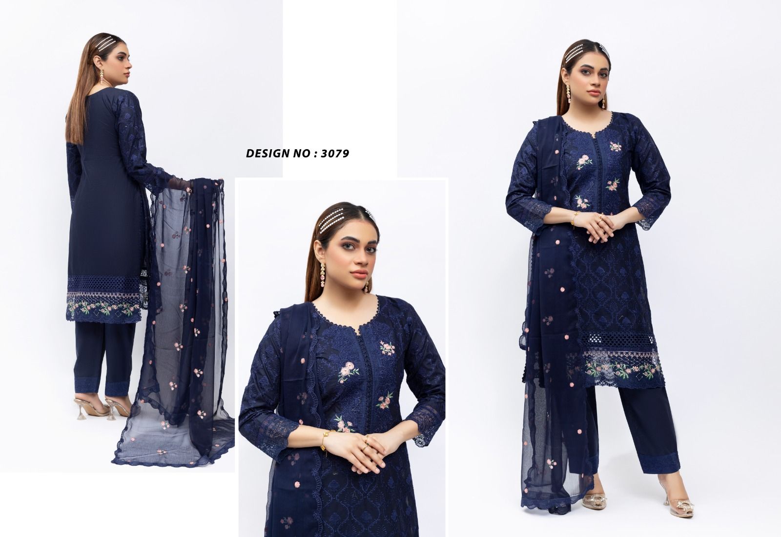 Navy Bloom Embroidered Cotton Suit – Elegant Festive Edit (3079)