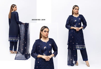 Navy Bloom Embroidered Cotton Suit – Elegant Festive Edit (3079)