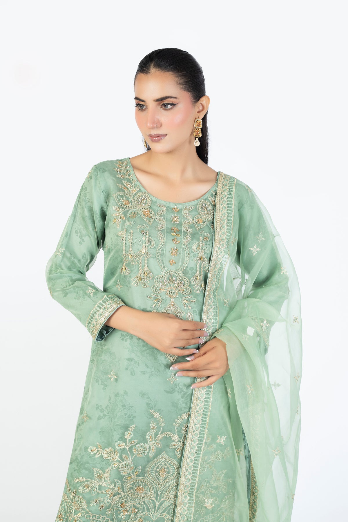 Mint Green Organza Embellished Ensemble with Clutch & Khussa