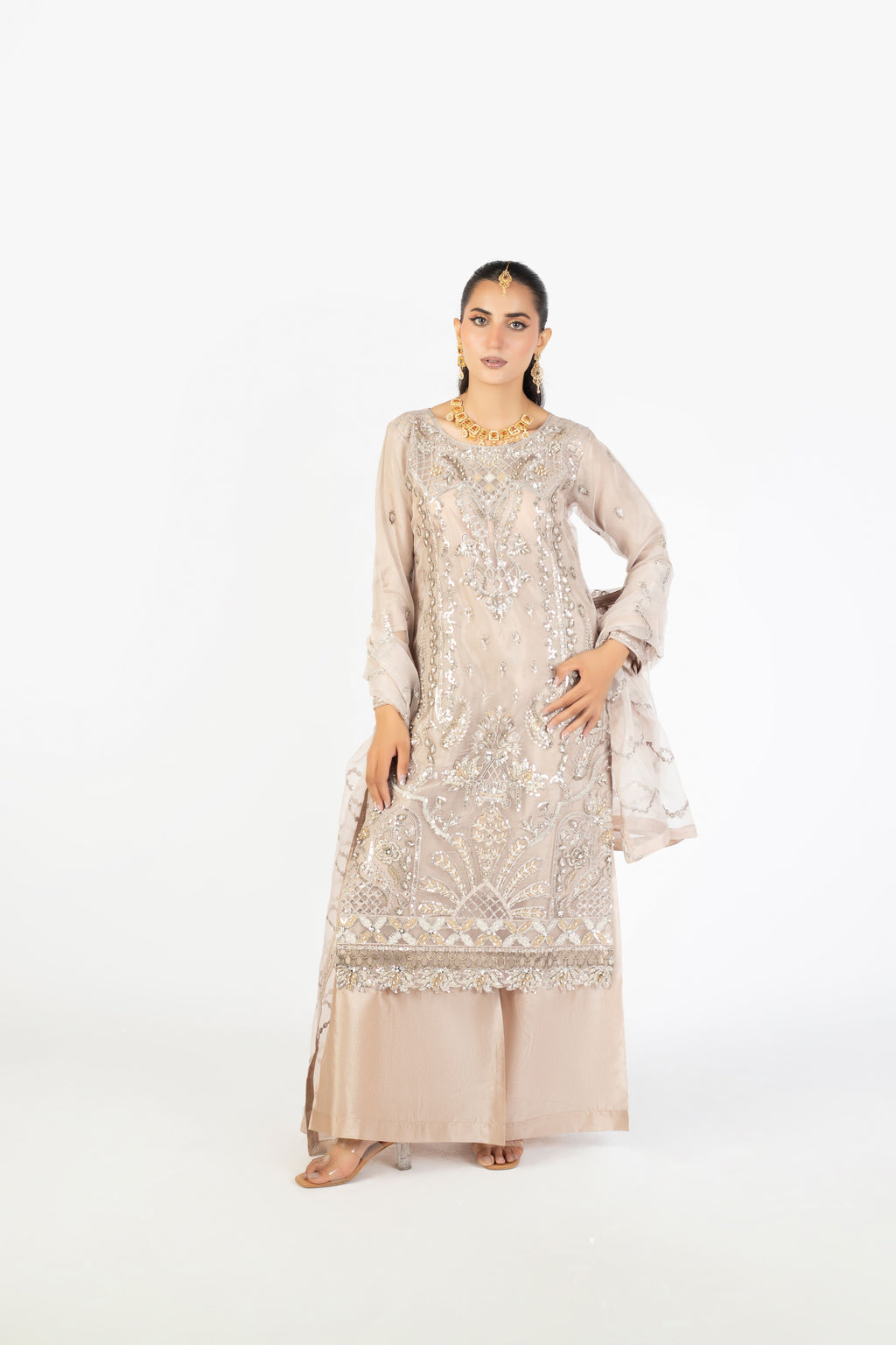 Beige Champagne Handmade Embellished Organza Ensemble