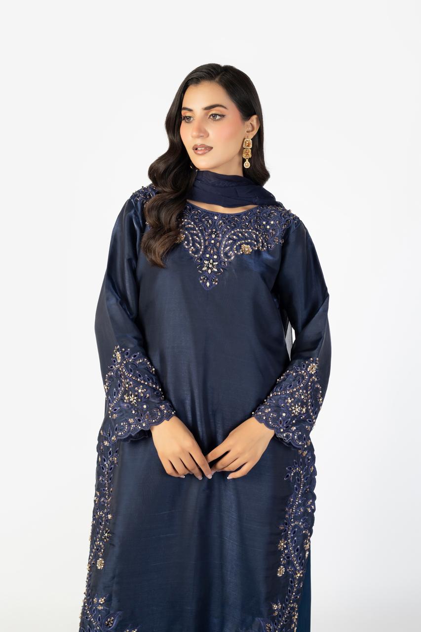 Navy Blue Pure Sheesha Silk 3-Piece Ensemble with Handmade Embellishments