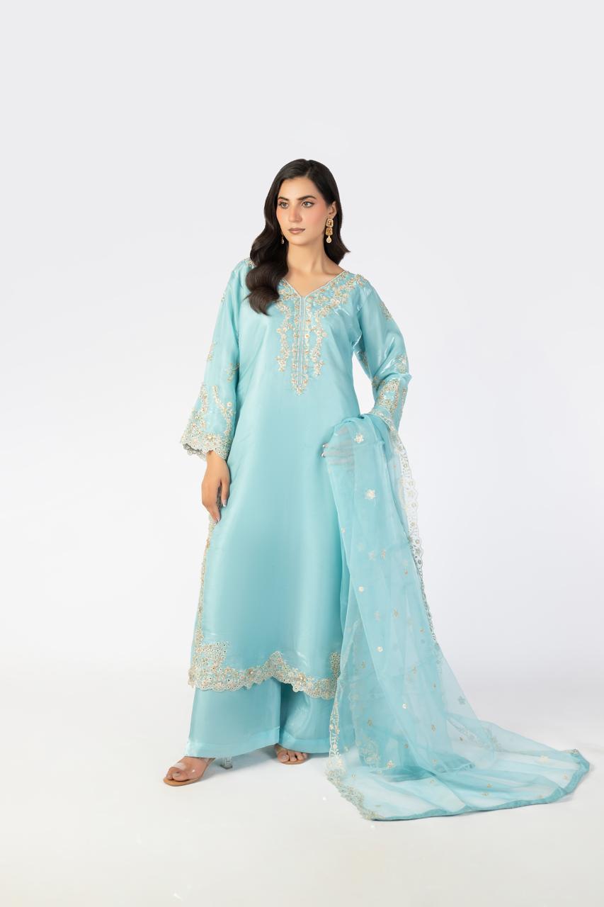Sky Blue Pure Sheesha Silk 3-Piece Ensemble with Handmade Embellishments