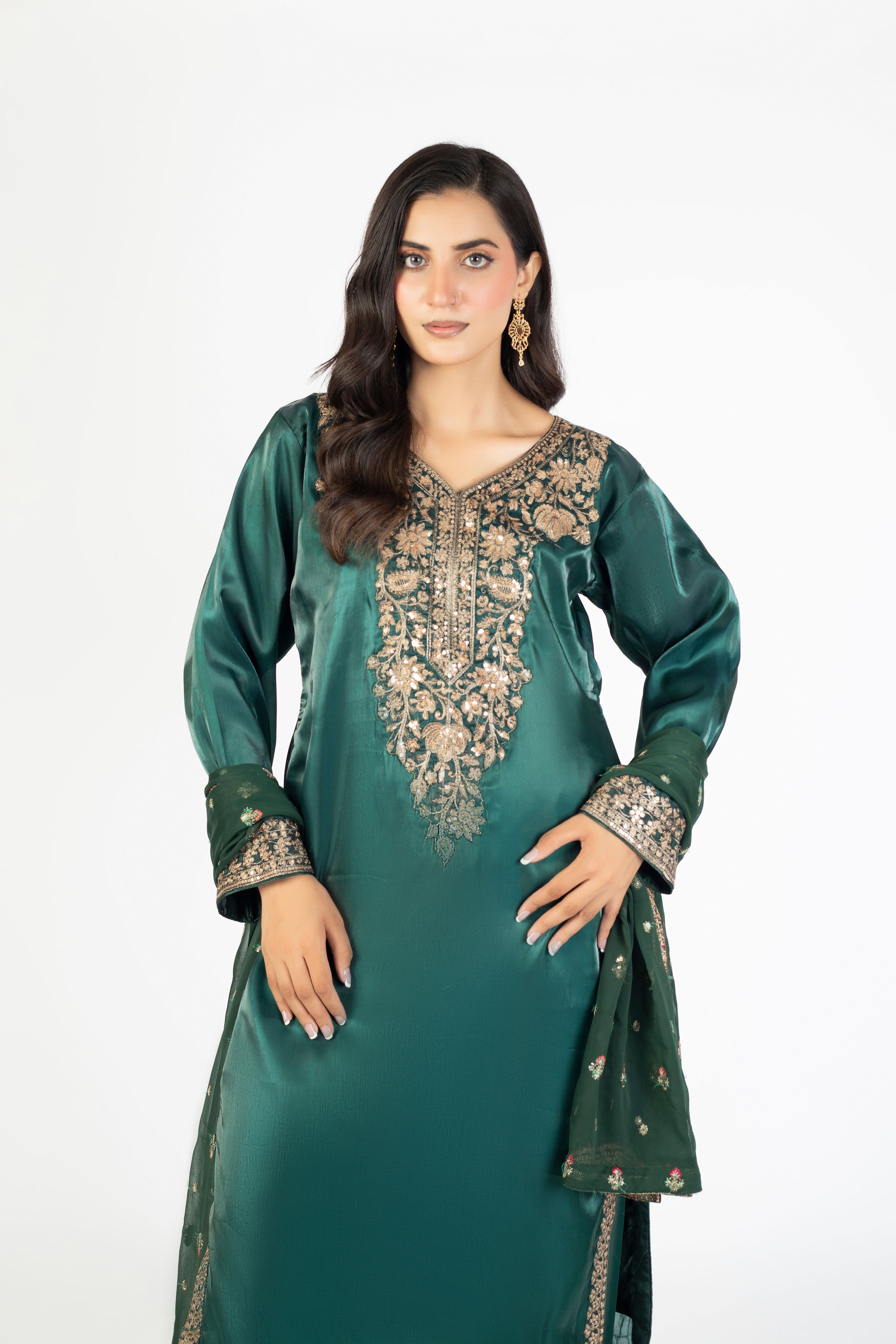 Elegant Bottle Green Pure Sheesha Silk 3-Piece Ensemble with Crinkle Dupatta