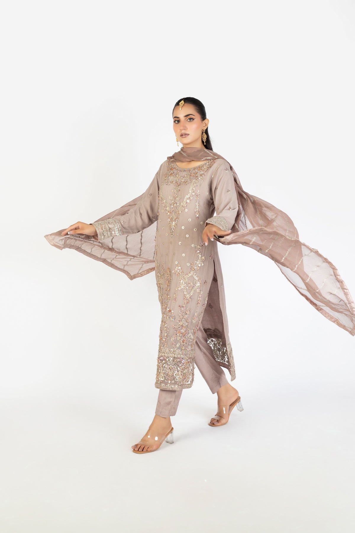 Dusty Mink Handmade Embellished Krinckle & Raw Silk Ensemble