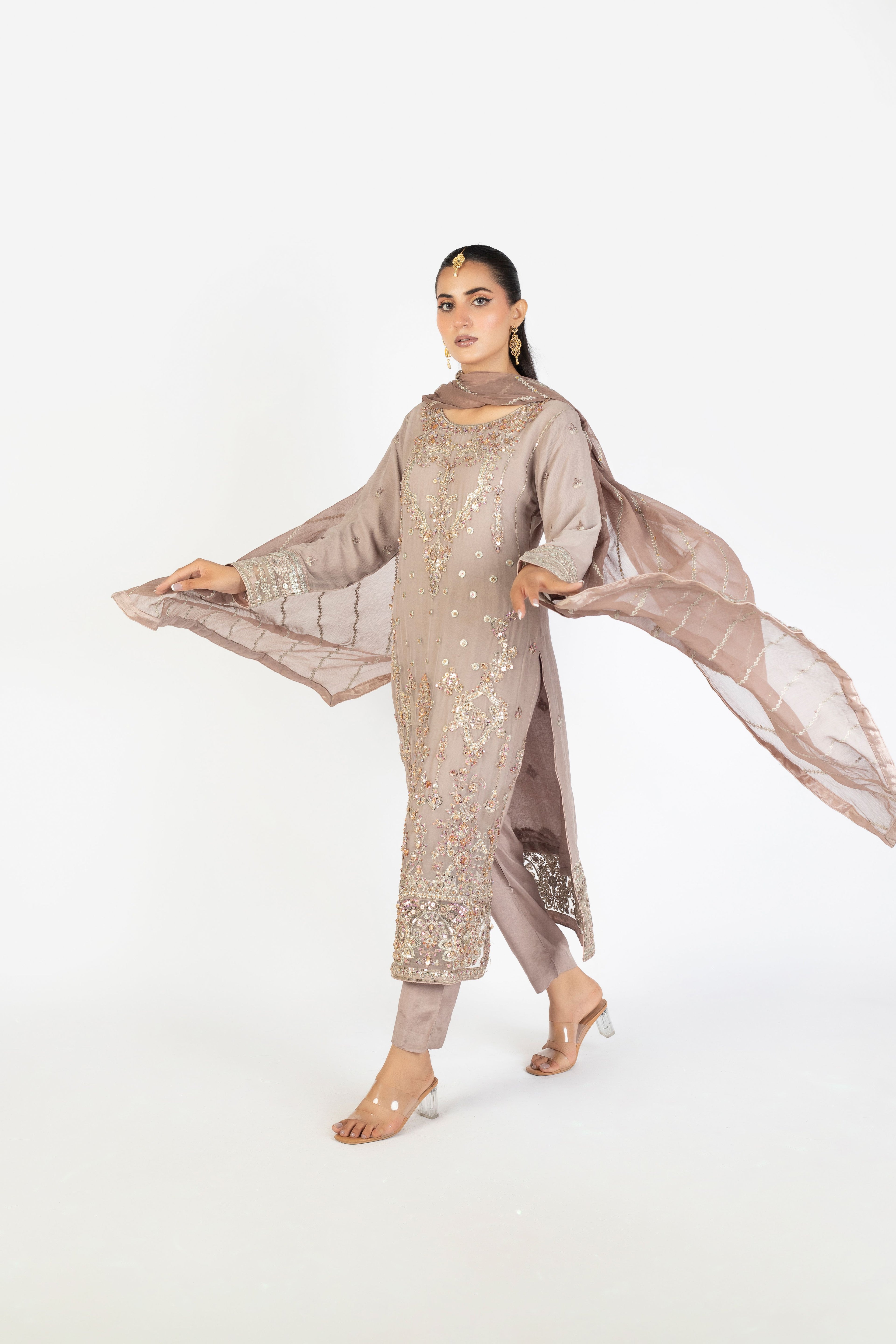 Dusty Mink Handmade Embellished Krinckle & Raw Silk Ensemble