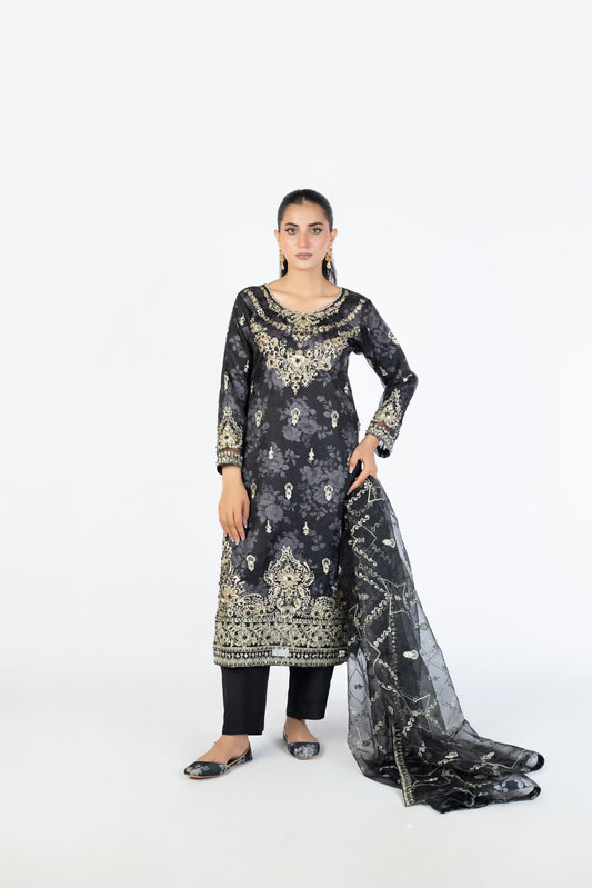 Black Handmade Embellished Organza Ensemble with Clutch & Khussa