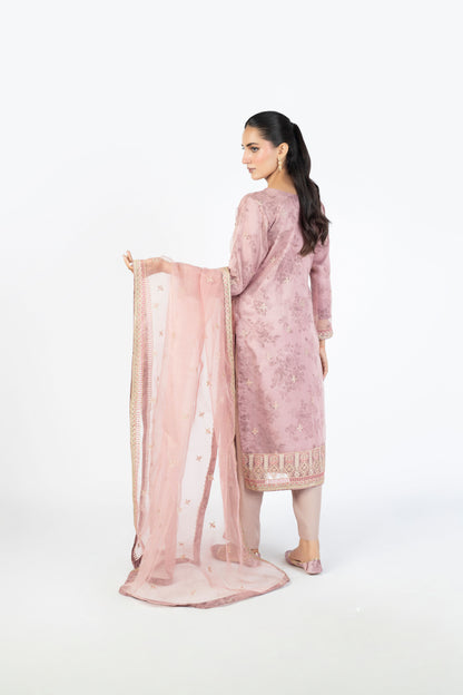 Onion Pink Handmade Embellished Organza Ensemble with Clutch & Khussa