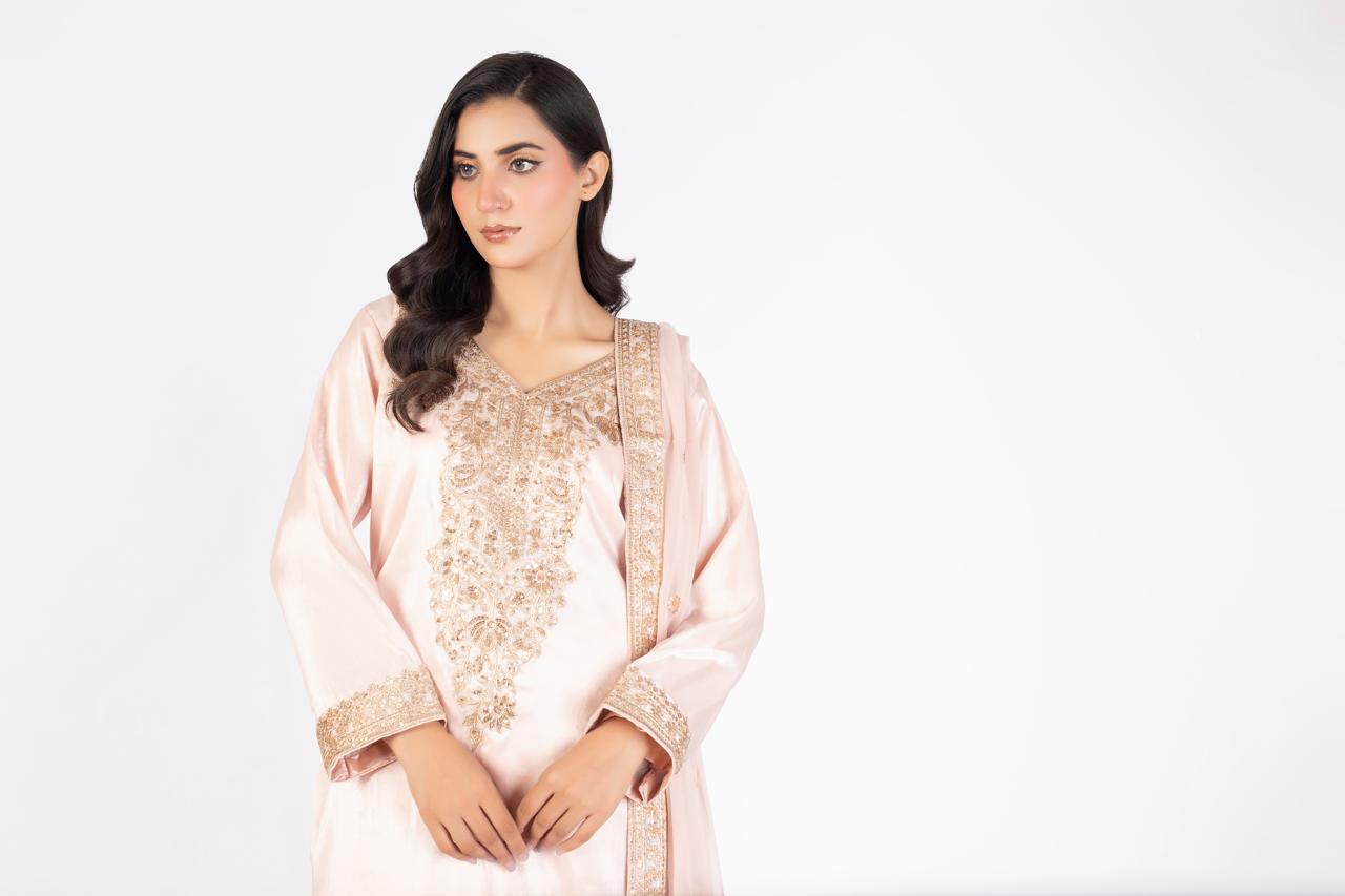 Elegant Pastel Pink Pure Sheesha Silk 3-Piece Ensemble with Crinkle Dupatta