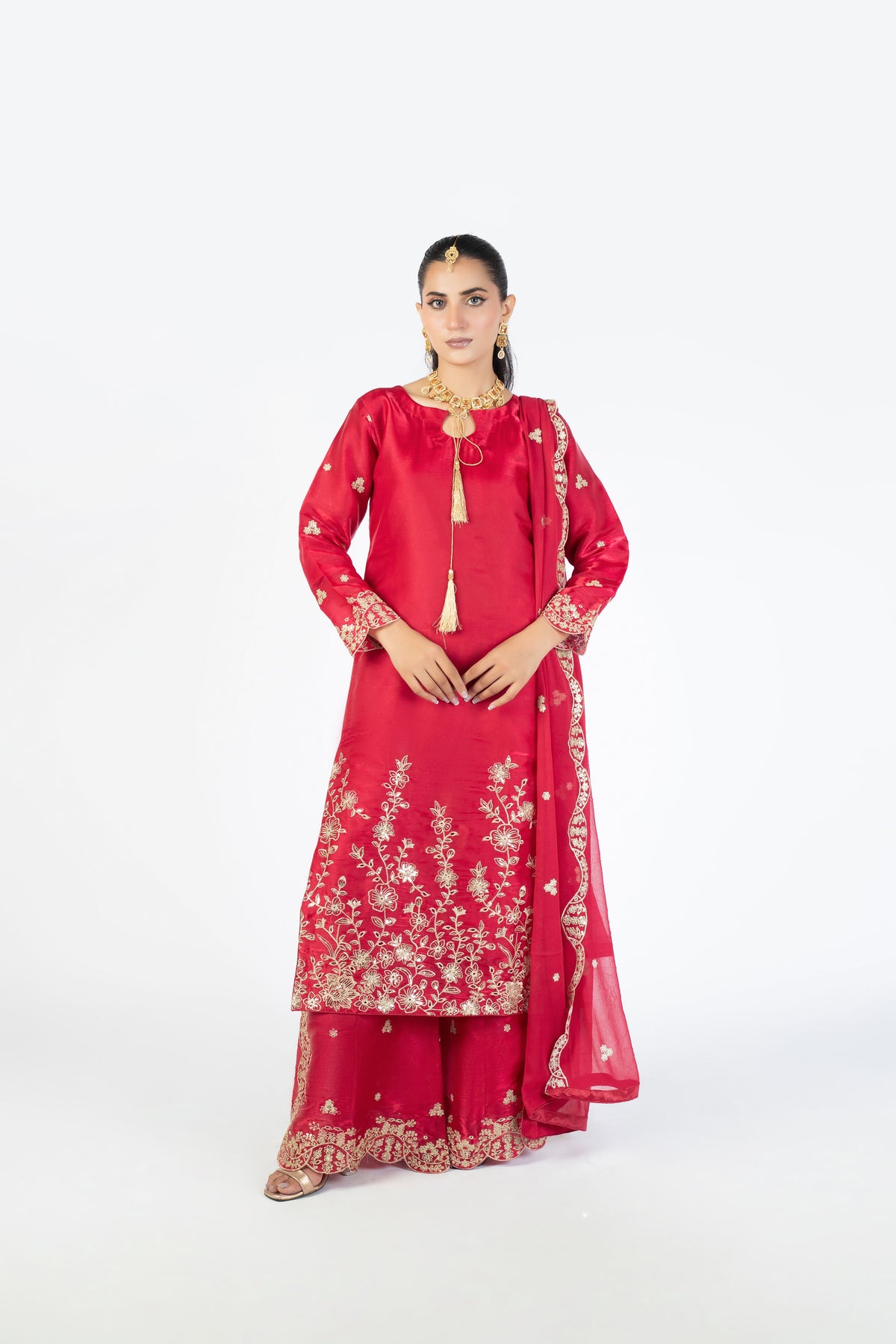 Ruby Red Sheesha Silk Ensemble with Crinckle Dupatta