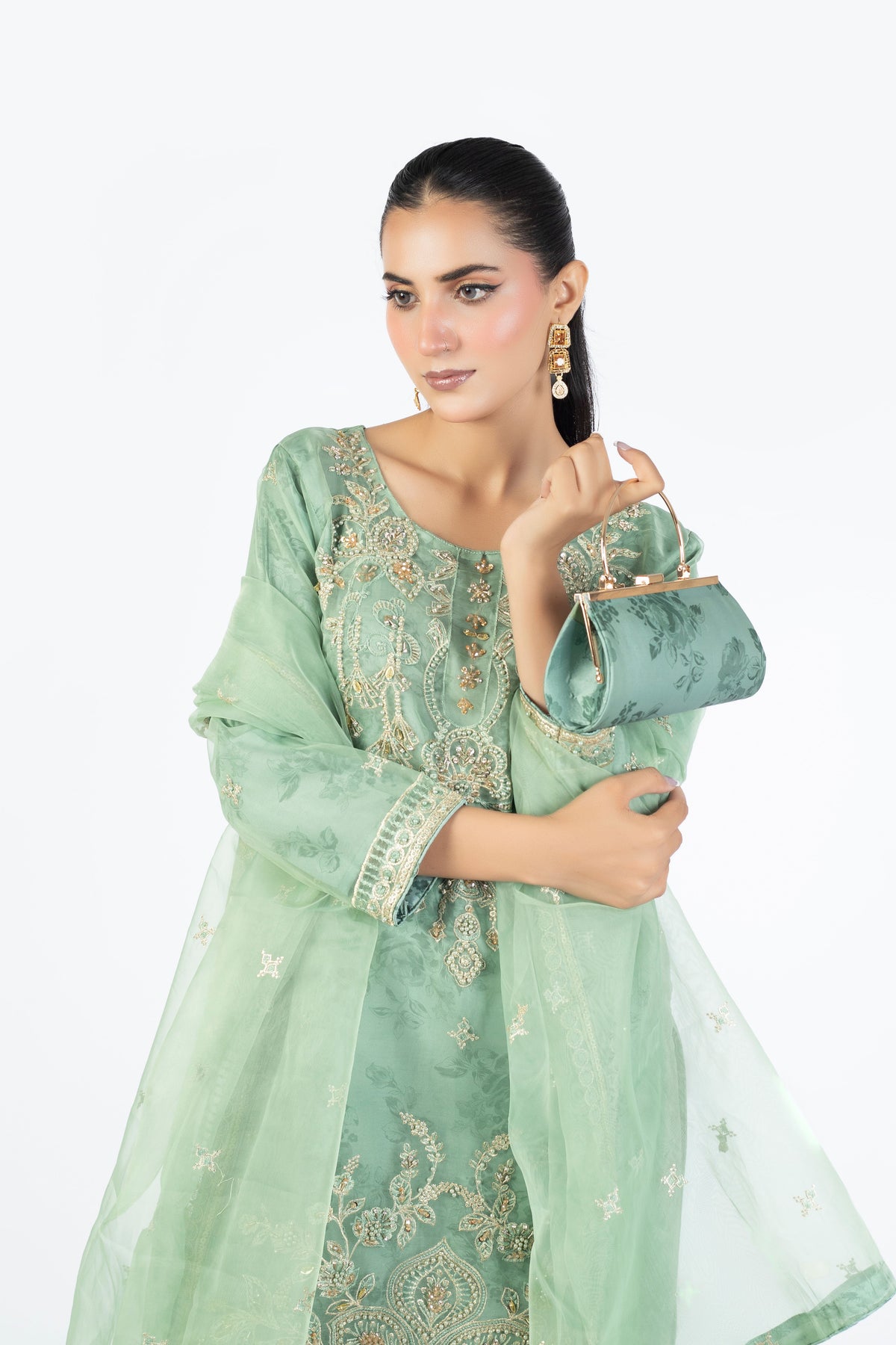 Mint Green Organza Embellished Ensemble with Clutch & Khussa