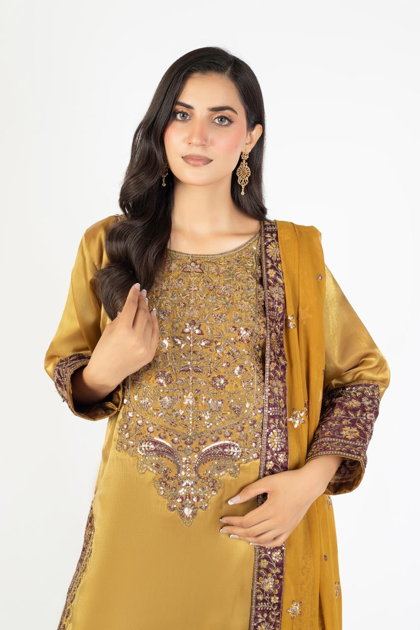 Elegant Mustard Pure Sheesha Silk 3-Piece Ensemble with Crinkle Dupatta