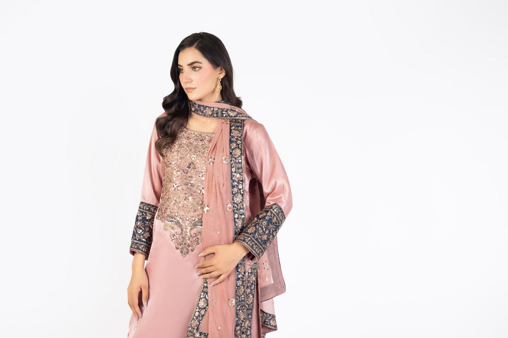 Tea Rose Pink Pure Sheesha Silk 3-Piece Ensemble with Crinkle Dupatta