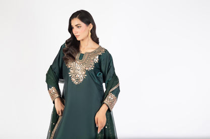Deep Emerald Green Pure Sheesha Silk 3-Piece Ensemble with Crinkle Dupatta