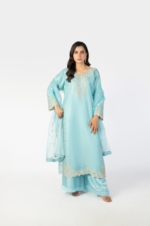 Sky Blue Pure Sheesha Silk 3-Piece Ensemble with Handmade Embellishments