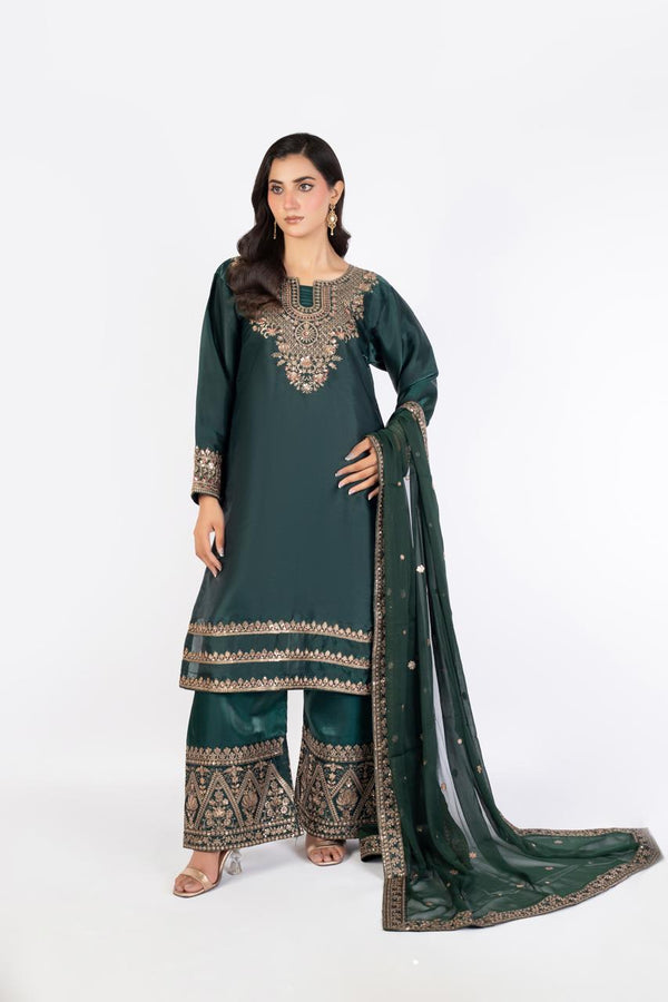 Deep Emerald Green Pure Sheesha Silk 3-Piece Ensemble with Crinkle Dupatta