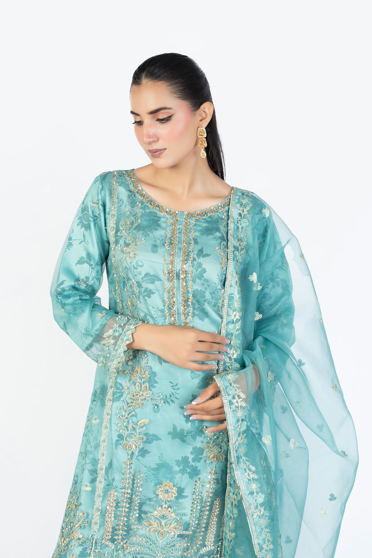 Ocean Blue Handmade Embellished Organza Ensemble with Clutch & Khussa