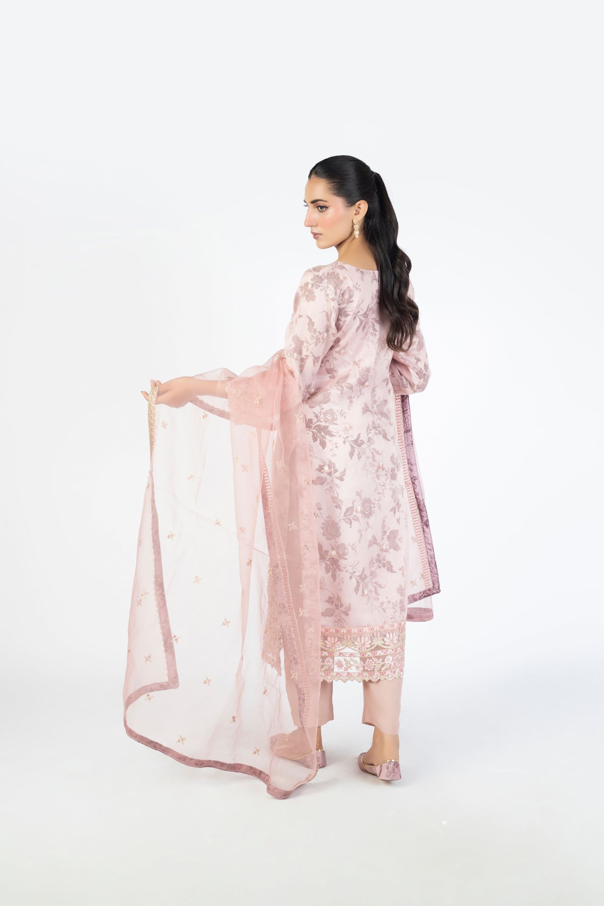 Dusty Pink Champagne Handmade Embellished Organza Ensemble with Clutch & Khussa