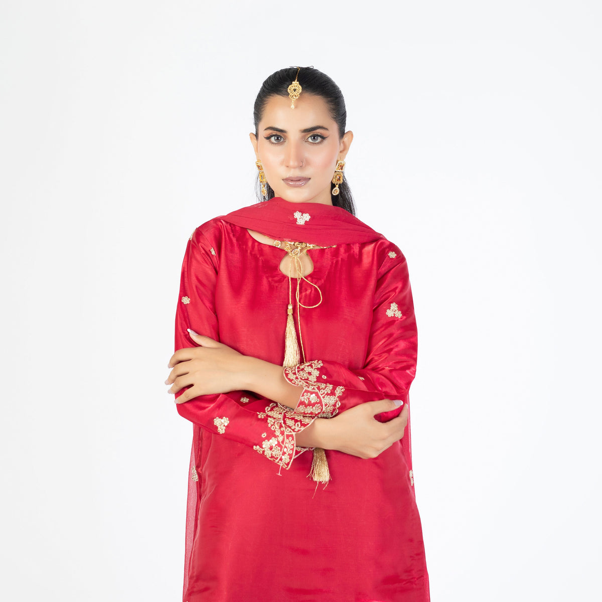 Ruby Red Sheesha Silk Ensemble with Crinckle Dupatta
