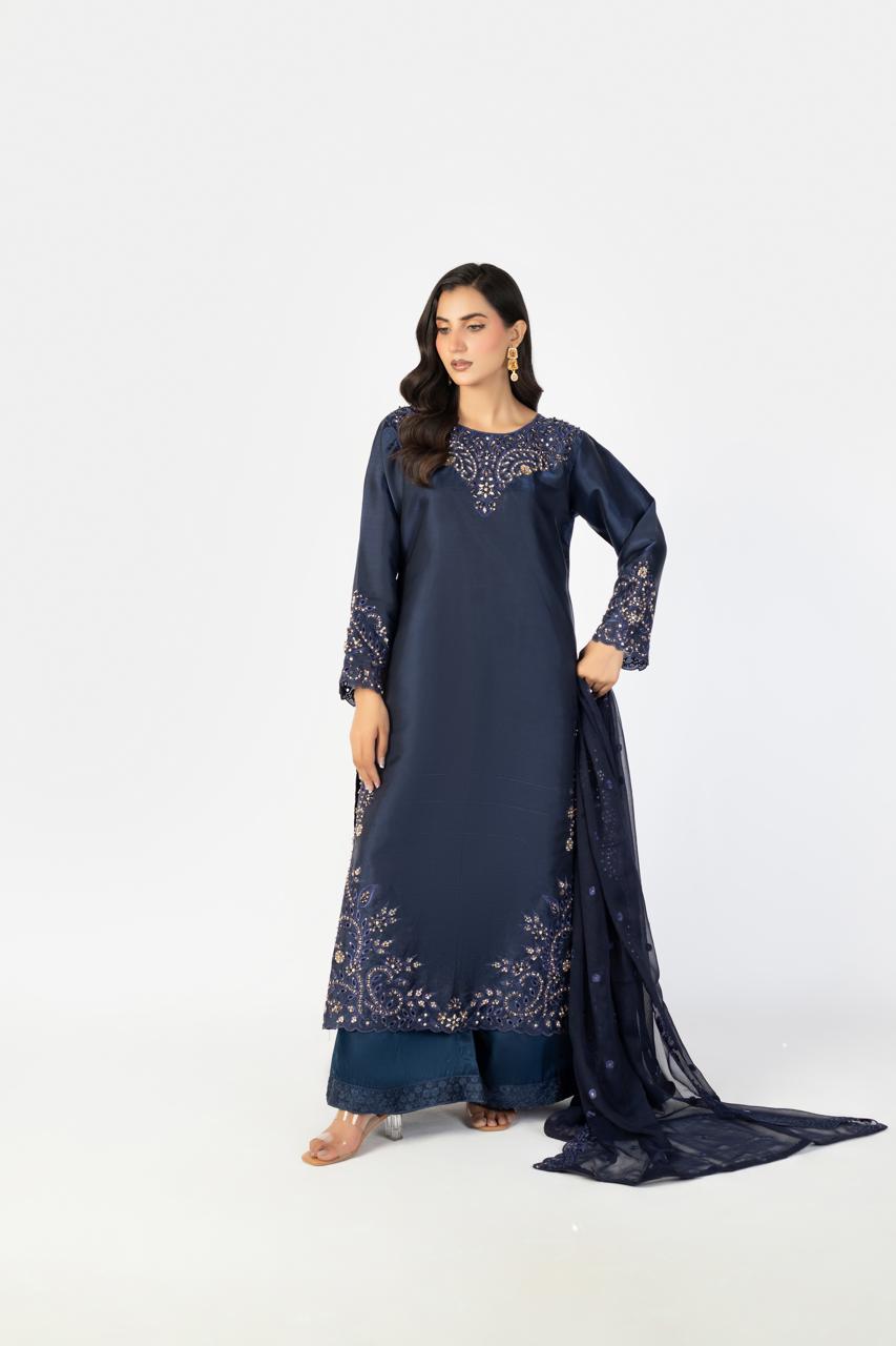 Navy Blue Pure Sheesha Silk 3-Piece Ensemble with Handmade Embellishments