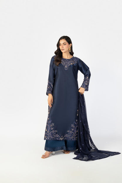 Navy Blue Pure Sheesha Silk 3-Piece Ensemble with Handmade Embellishments