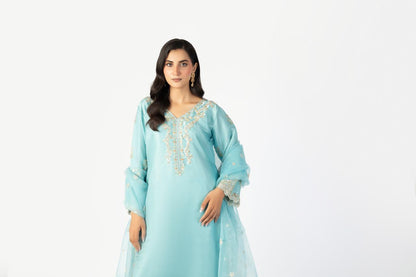 Sky Blue Pure Sheesha Silk 3-Piece Ensemble with Handmade Embellishments
