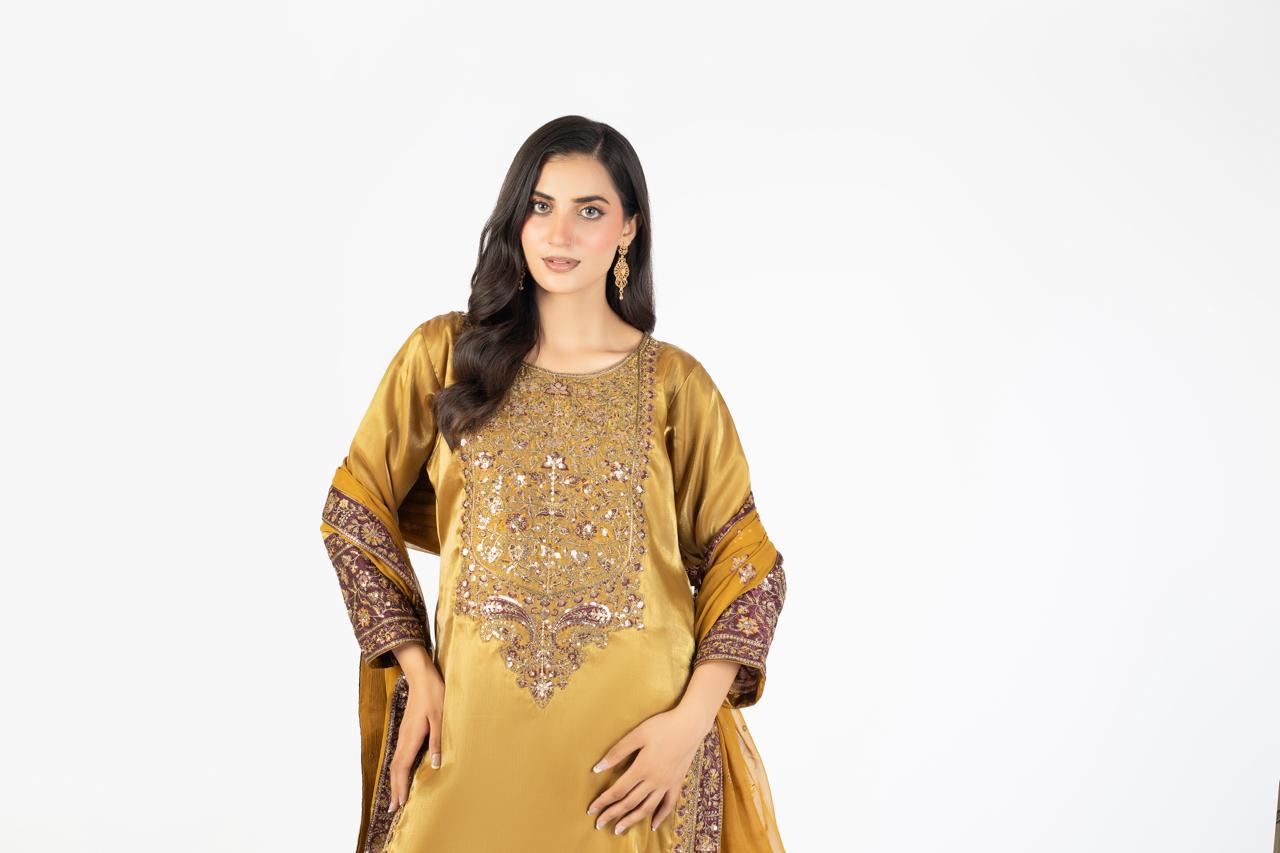 Elegant Mustard Pure Sheesha Silk 3-Piece Ensemble with Crinkle Dupatta