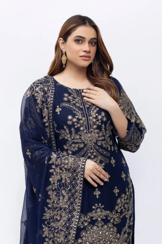 Navy Noor Embroidered Crinkle Suit – Royal Festive Edition (3010)