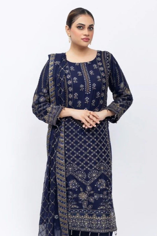 Navy Royale Embroidered Crinkle Suit – Luxe Festive Edition (3007)