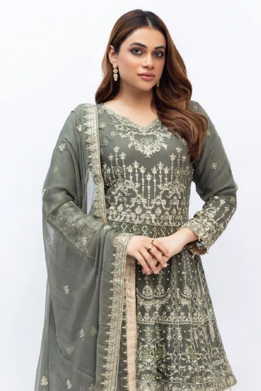 Sage Elegance – Embroidered Crinkle Frock Gharara (2949)
